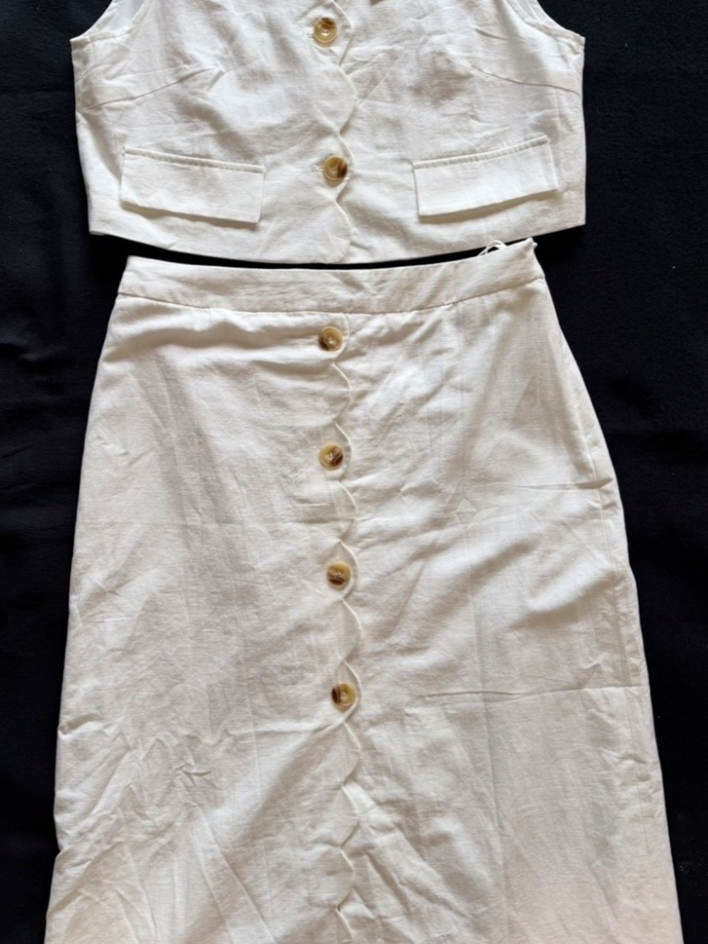 COMMENSE White Cotton Linen Scallop Vest Midi Skirt Set NWT, Size Medium
